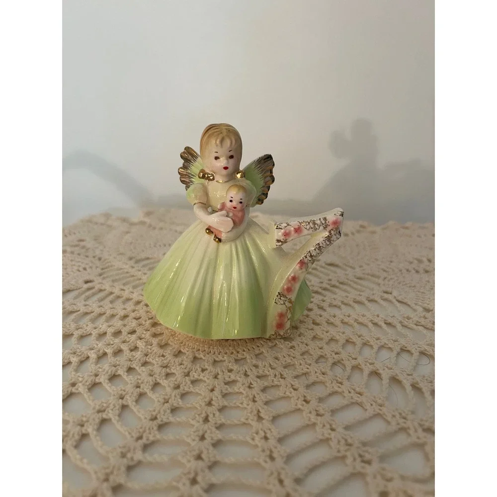 Vintage Josef Originals Birthday Angel Figurine Age 7 Green Dress Japan